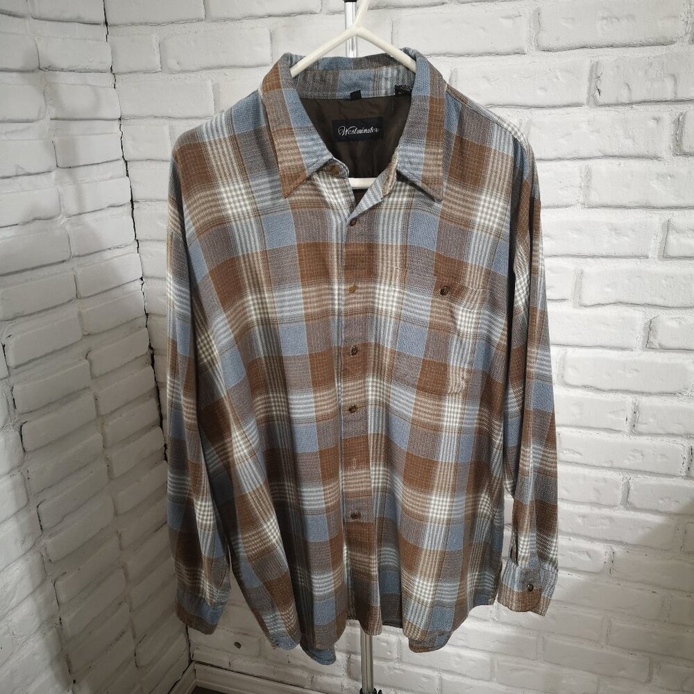Westminister Men's Size 2X Stout Blue & Brown Plaid Flannel Button Front Shirt
